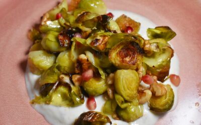 Roasted Brussel Sprouts with Walnuts, Pomegranate and Citrus Yogurt
